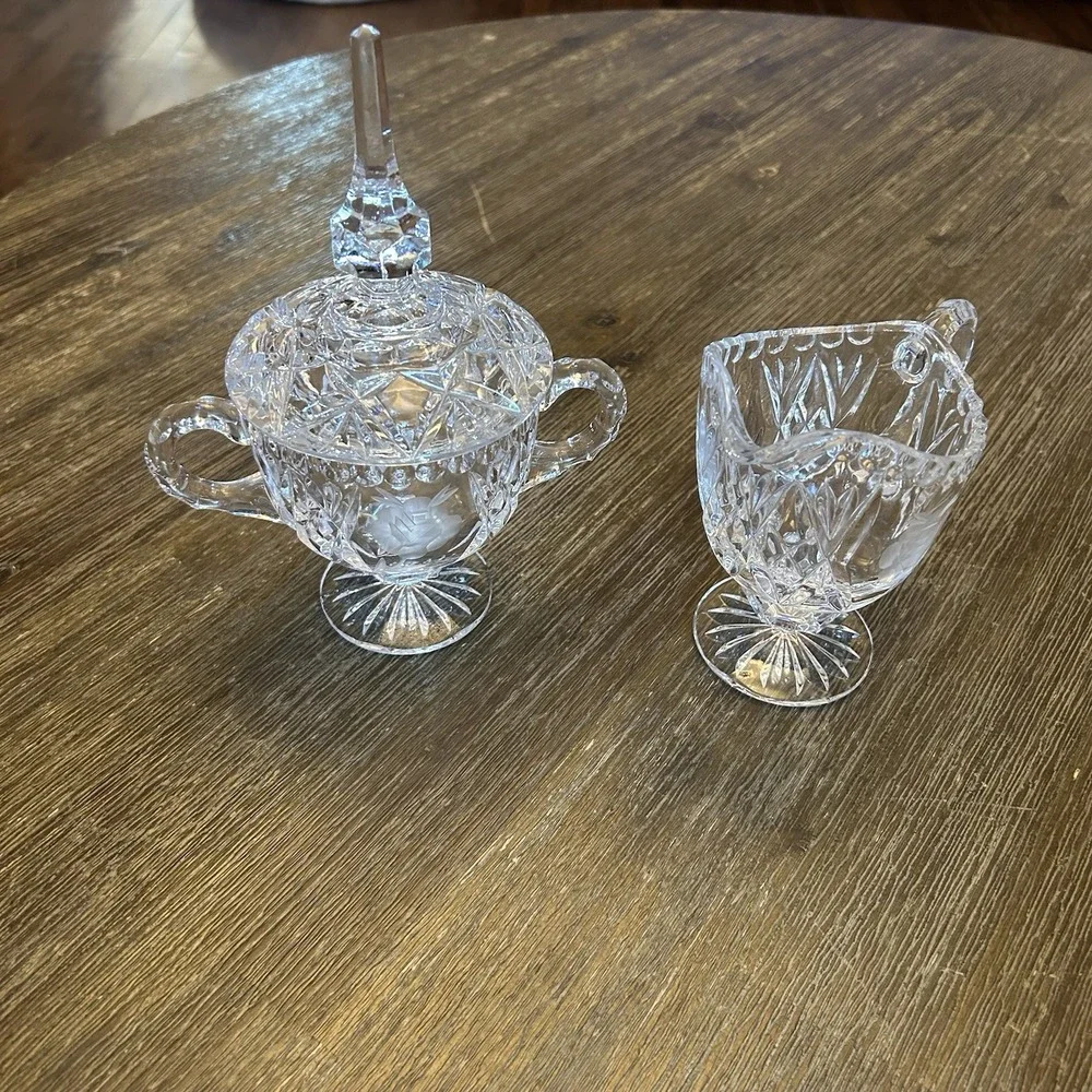 Vintage Cut Crystal Creamer & Covered Sugar Bowl Set Etched Rose Footed Floral